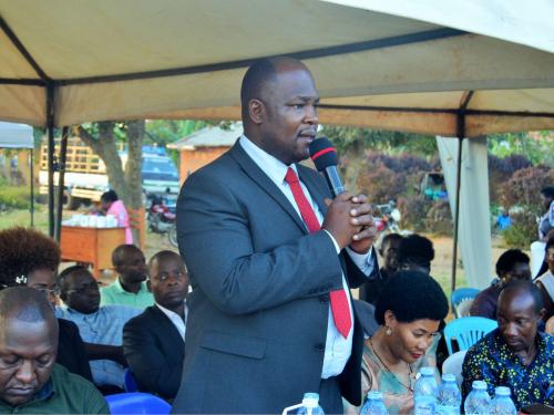 District Chairperson-Hon. Kawuki Simon Peter addressing community during Community Baraza held at Nabyewanga in Nkozi Sub-County